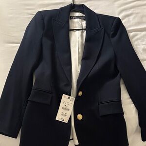 Zara Women's Navy Blazer with Gold Buttons